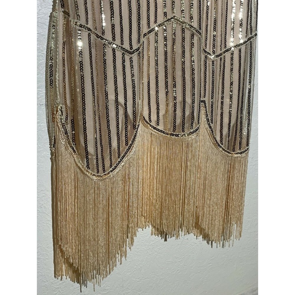 Womens Flapper Dress M Sequin Beige Beaded Sleeveless Back Zip Bottom Fringe - Picture 5 of 6